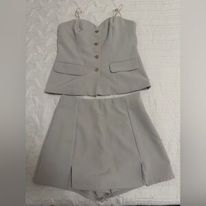 Sincerely Jules Light Gray Skirt Set with Gold Buttons
